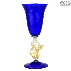 1011 ORIGINALMURANOGLASS Венецианский темно-синий бокал Золотой Лебедь - Blu Cigno Dorato - муранское стекло OMG 10 см