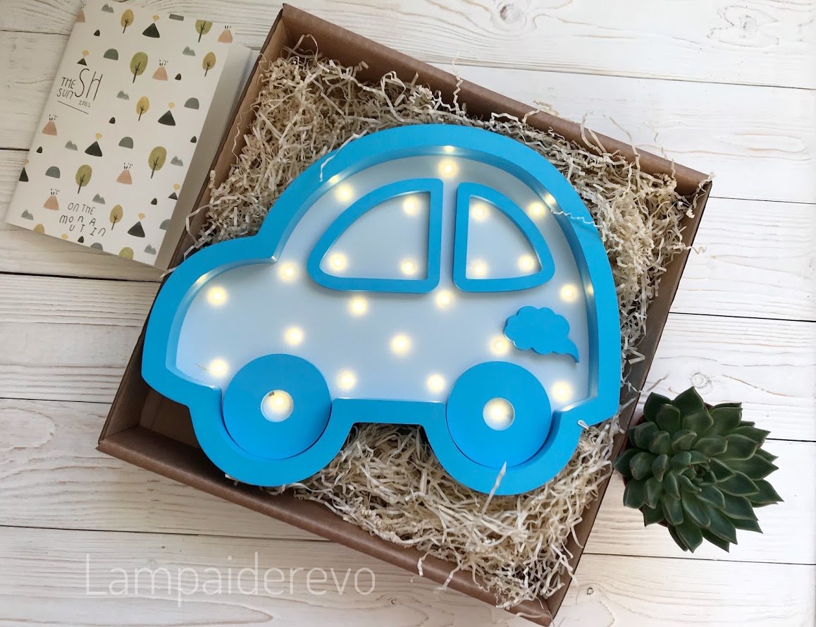 Ночник деревянный 30 см сине-голубой "Машина" LAMPA I DEREVO  00-3880199 Синий;голубой Santreyd  - Вид №1