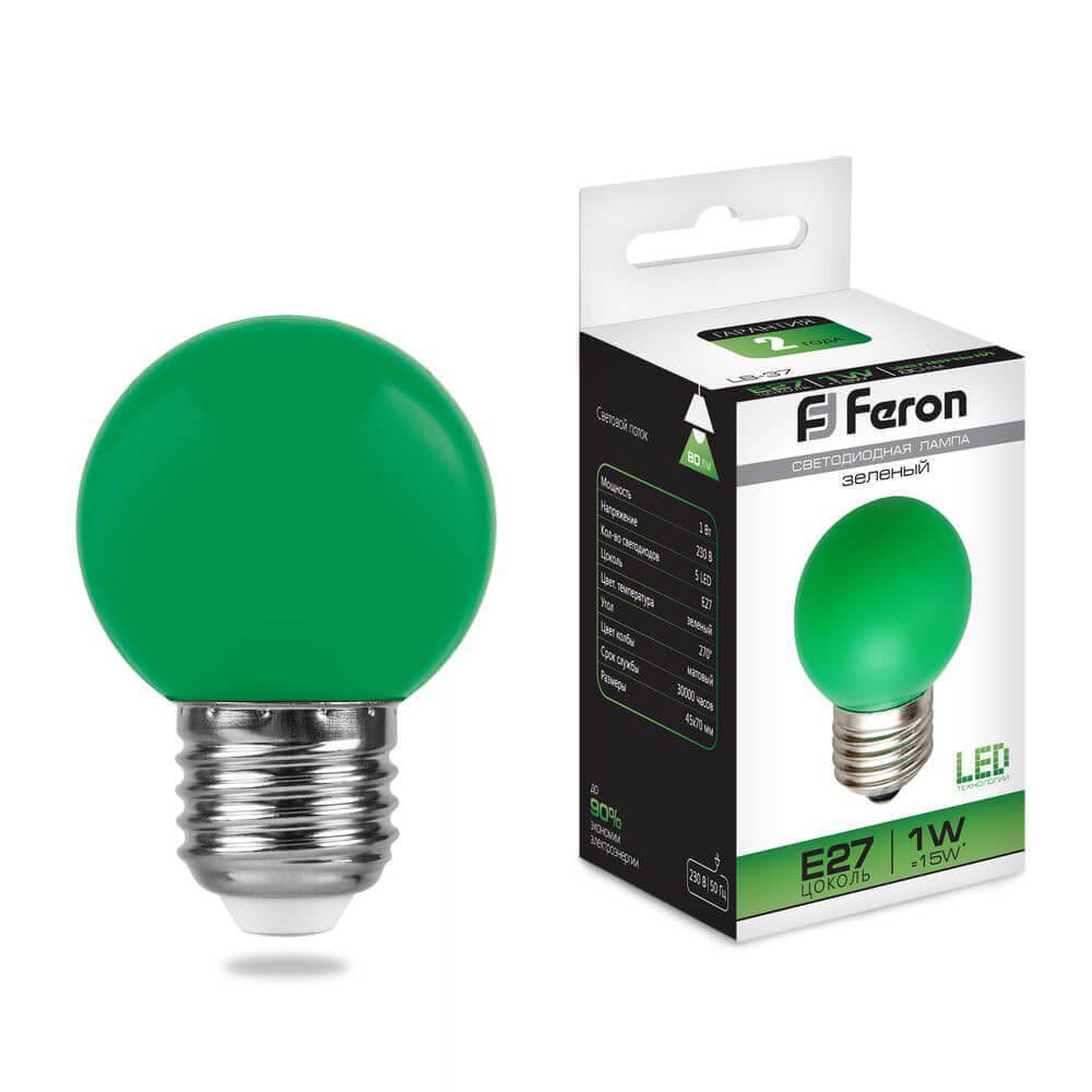 25117 Лампа светодиодная E27 1W зеленая LB-37 Feron