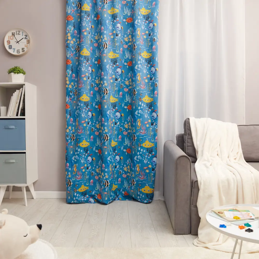 Штора на ленте блэкаут Рыбы 150x260 см цвет голубой SEASONS STLM-2178628