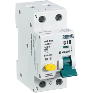 Дифференциальный автомат Dekraft 1P N C10 A 30 мА 6 кА AC 16203DEK