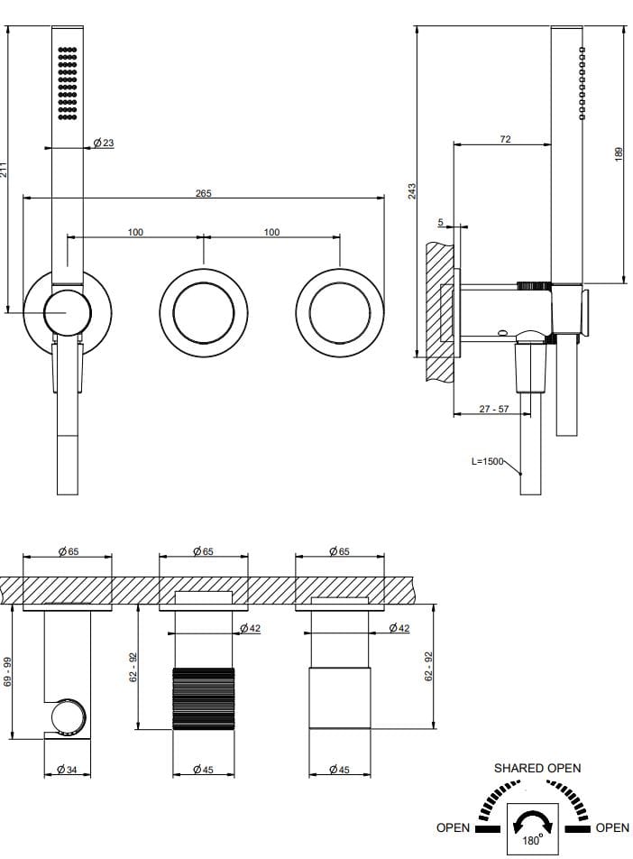Смеситель для душа с 3 отверстиями из хромированной латуни Gessi Habito ARCH-00118854 - Вид №2