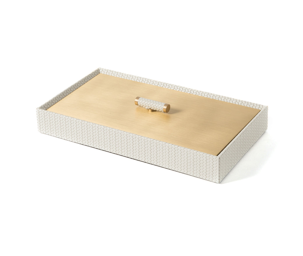 Коробка Iside - 27X15XH4,5 см / хромированная металлическая отделка / плетеная кожа серо-серого цвета