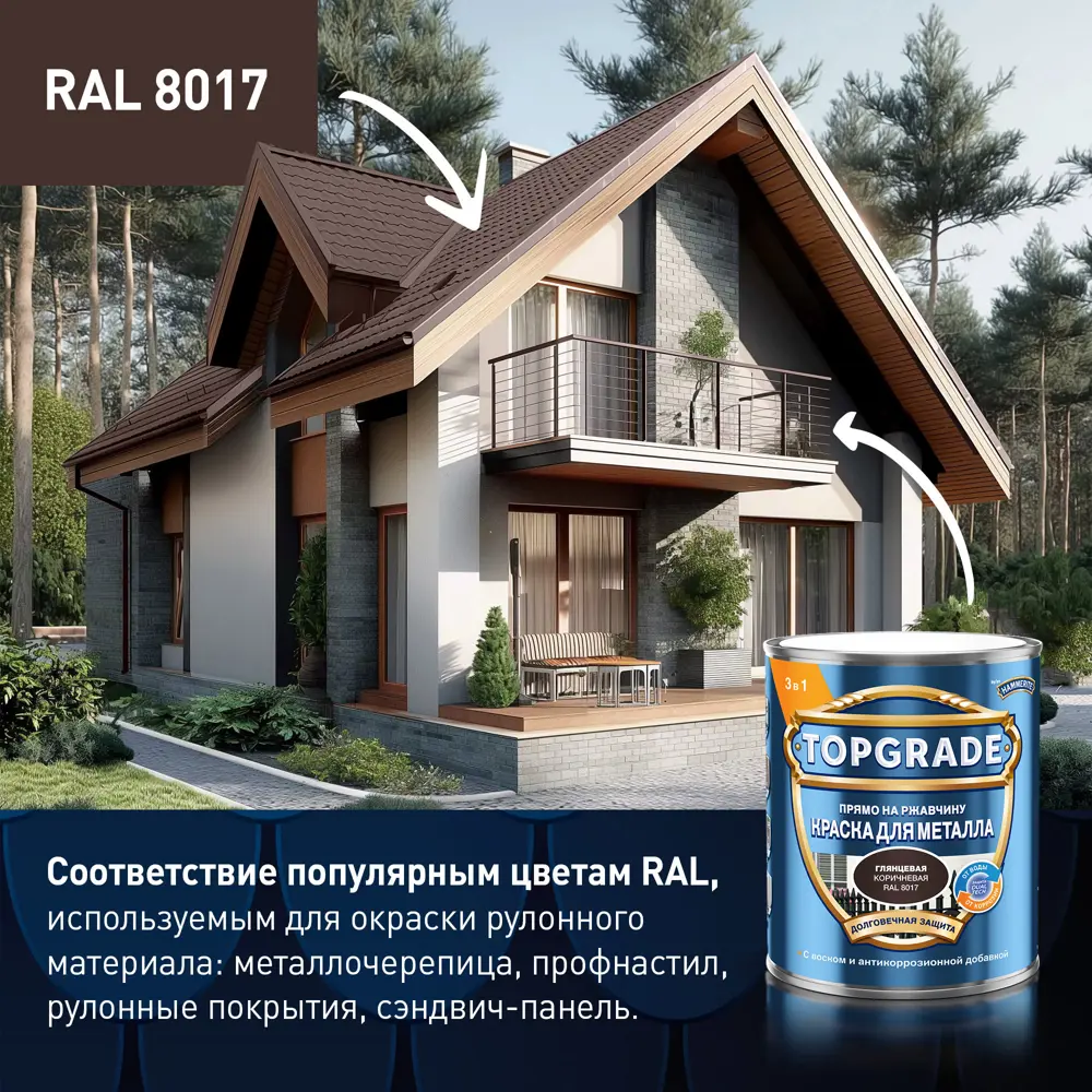 Грунт-эмаль по металлу 3 в 1 Topgrade гладкая цвет коричневый 5 л STLM-2052157 - Вид №3