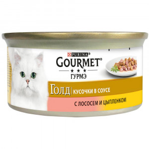 Т00007723 Корм для кошек Голд Кусочки в соусе, с лососем и цыпленком, банка 85 г Gourmet