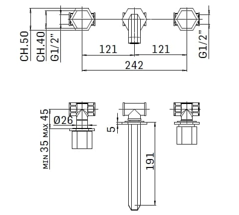 Настенный смеситель для раковины с 3 отверстиями Mamoli Hexagonal ARCH-00121351 - Вид №3