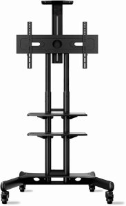 TS1552 BLACK Мобильная стойка на 1 тв/ 32-65" от 200х200 до 400х600 наклон 0º поворот 0º макс нагр 45,5кг высота 1200-1500мм, кабель-канал, 2 полки, регулировка полок по высоте, колесики с блокировкой, черная ONKRON