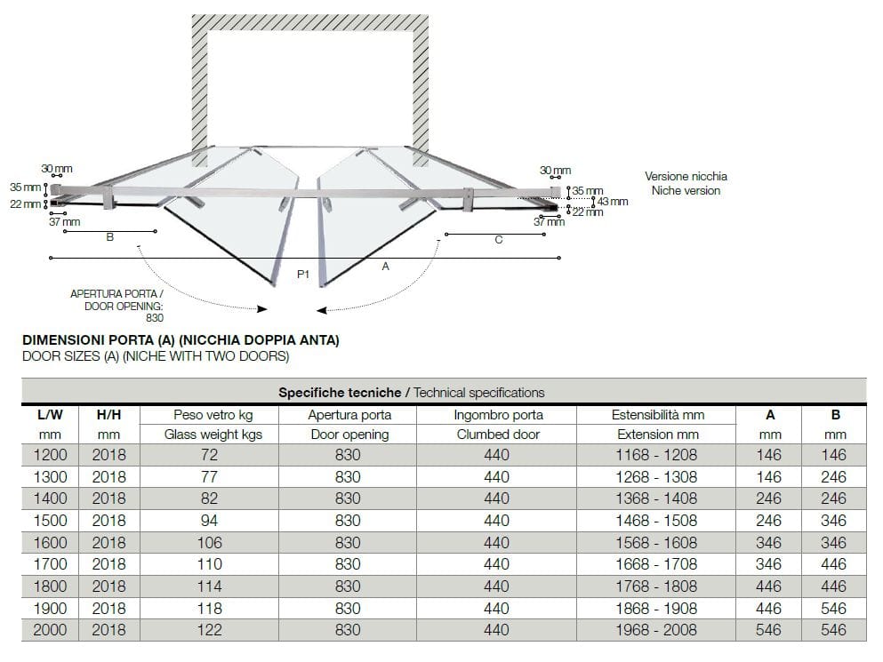 Алюминиевая и стеклянная нишевая душевая кабина с распашной дверью TAMANACO 8MILL ARCH-00025394 - Вид №5