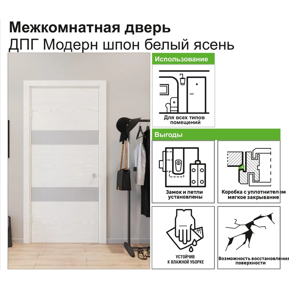 Дверь межкомнатная Модерн глухая шпон натуральный цвет белый ясень 80x200 см (с замком и петлями) 81933442 STLM-2057856 Santreyd  - Вид №6