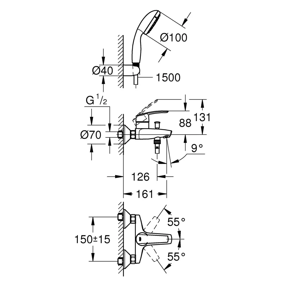 Смеситель для ванной «Start» однорычажный с душевым набором, цвет хром Grohe STLM-2108039 - Вид №2