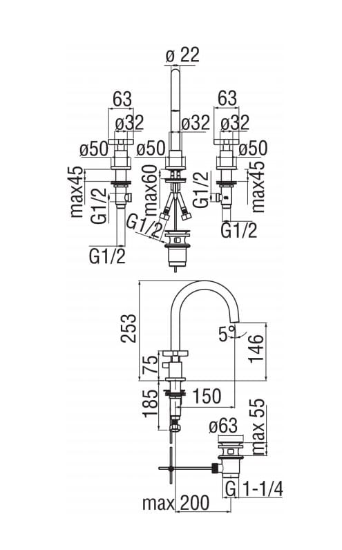 Смеситель для раковины с 3 отверстиями и отдельными розетками Nobili Лира ARCH-00000131 - Вид №1