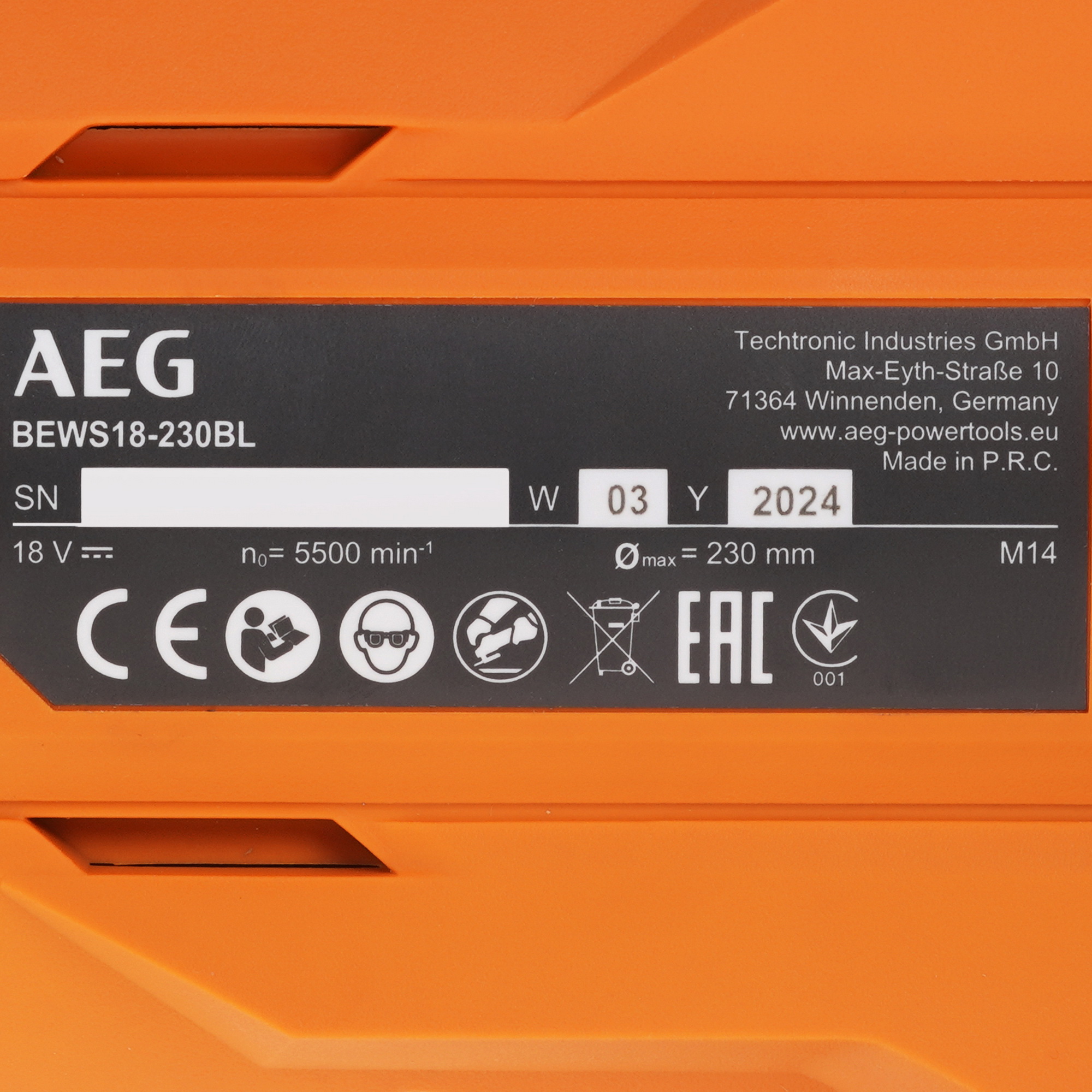 Углошлифовальная машина (УШМ) AEG BEWS18-230BL-0 PRO 18V  , Без ЗУ, Без АКБ 5480989 STDN-0077361 - Вид №4