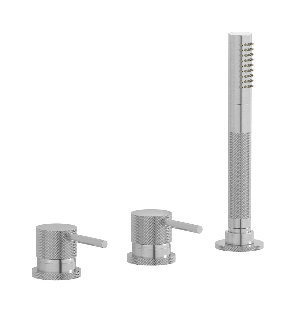 Смеситель на бортик ванной на 4 отверстия с изливом, дивертером и душевым гарнитуром. WE ARE IB id397ss Brushed Nickel Industria