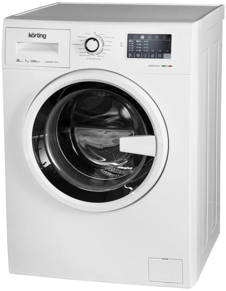 KWM 55F1070 Полноразмерные стиральные машины / 850х595х550, фронтальная загрузка, 7 кг, 1000 об/мин, сенсорное управление, led индикация настроек и этапов выполнения программ, 15 программ стирки, отложенный старт, а+++, белая Korting Santreyd  - Вид №1