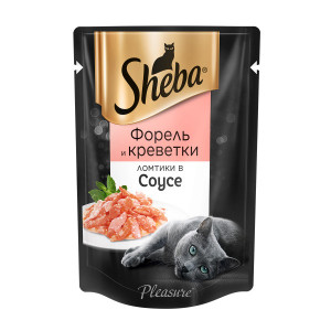 ПР0030531 Корм для кошек Pleasure ломтики в соусе форель и креветки конс. пауч 85г SHEBA