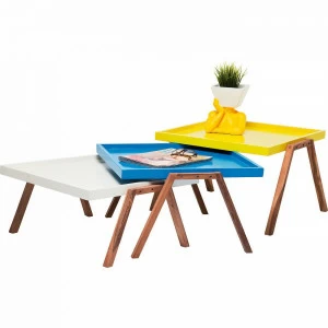 Журнальный столик дизайнерский цветной с деревыянными ножками Tray, 3 штуки KARE TRAY 322903 Желтый;синий