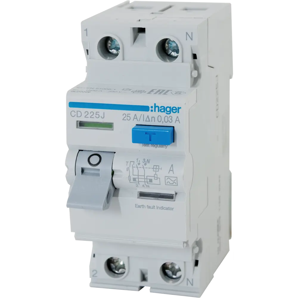 УЗО Hager CD225j 1P N 25 А 30 мА 4.5 кА AC STLM-2202721
