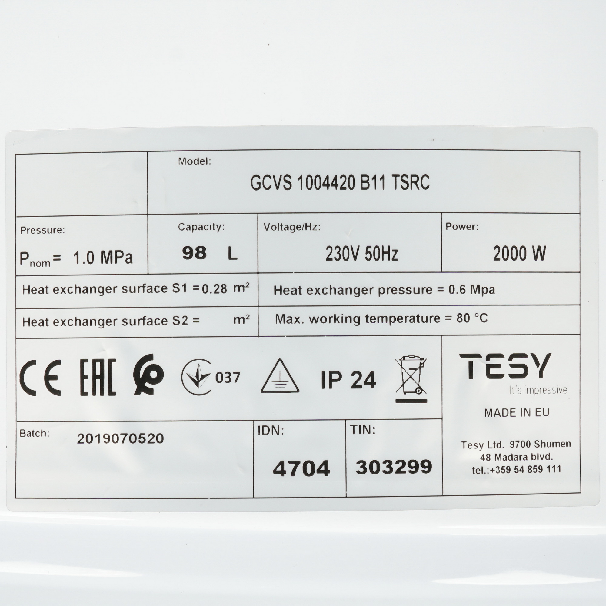 8196332 Бойлер косвенного нагрева TESY GCVS 1004420 B11 TSRC STDN-0139820 - Вид №3