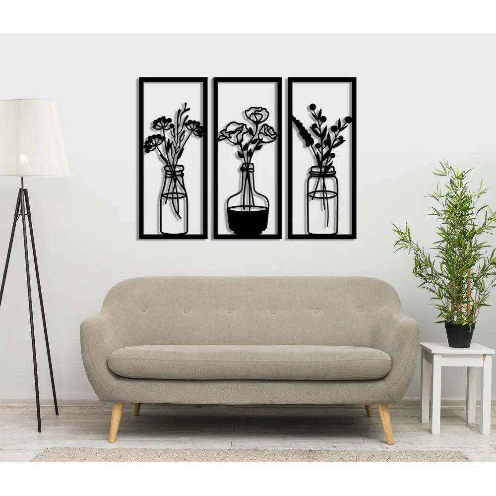 Панно декоративное Цветы в вазах МДФ 25x59 см черное Santreyd STLM-2007920 - Вид №1