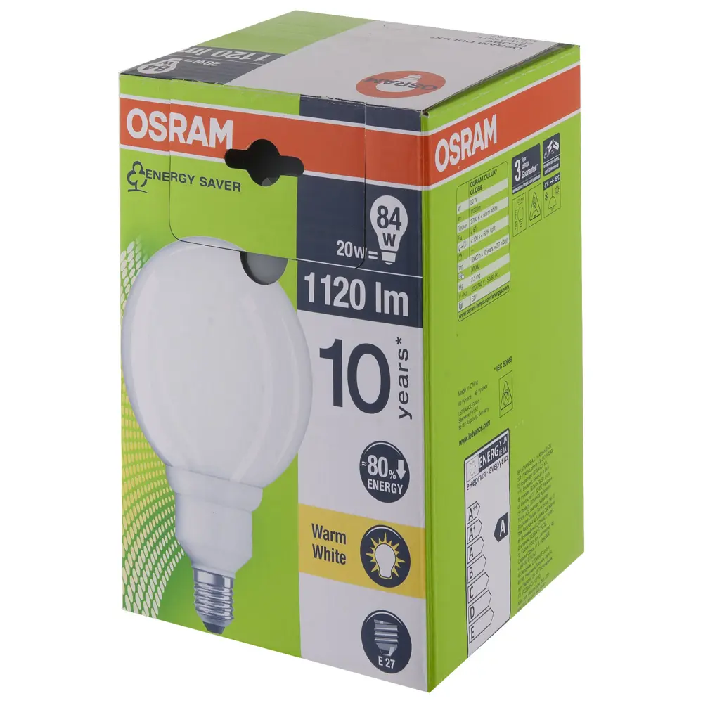 Лампа энергосберегающая Osram сфера E27 20 Вт 1120 Лм свет тёплый белый STLM-2077002 - Вид №1