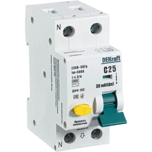 Дифференциальный автомат Dekraft 1P N C25 A 30 мА 6 кА AC 16231DEK