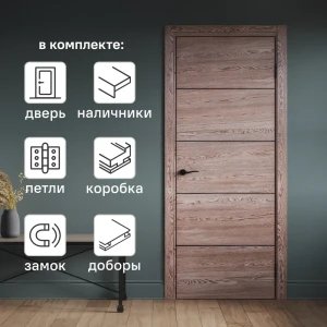 Комплект межкомнатной двери Борно 54 глухая 60x200 см ПВХ цвет тобакко с коробом и наличниками с доборами 100 мм