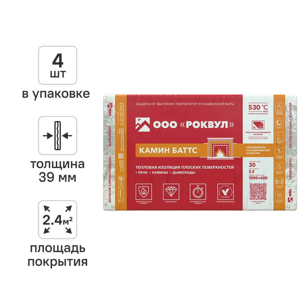 Утеплитель Роквул Камин Баттс 30 мм 4 шт 600x1000 мм 2.4 м² STLM-2123391
