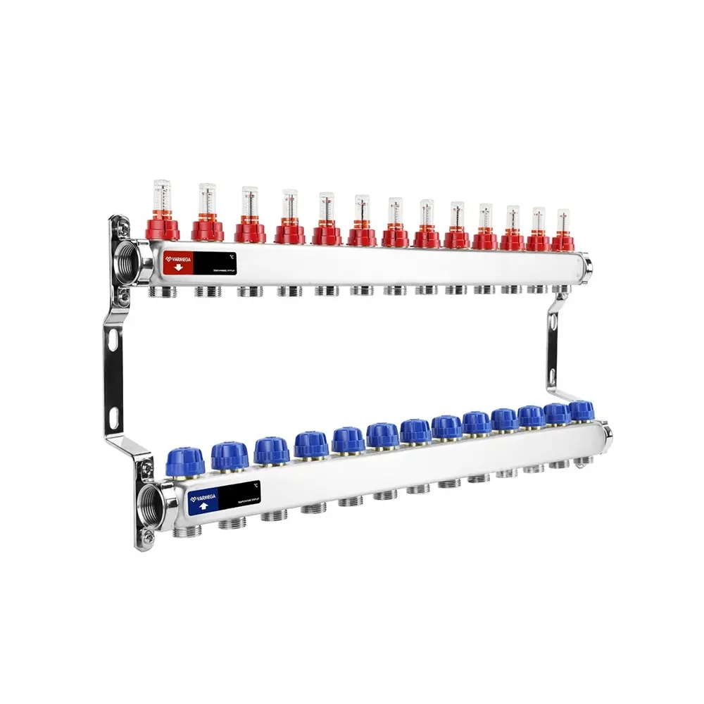 91073881 Коллекторная группа для теплого пола Varmega с расходомерами ВР 1" на 13 контуров 3/4" EK нержавеющая сталь STLM-0937828