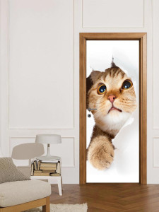 90225059 Наклейка интерьерная на дверь "Кошка, вылезающая из дыры" самоклеящаяся 80х200 см STLM-0138867 МЕЧТАТЕЛЬ ДИЗАЙН