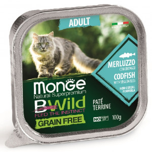 ПР0051904 Корм для кошек BWild Grain Free беззерновой треска с овощами ламист. 100г Monge