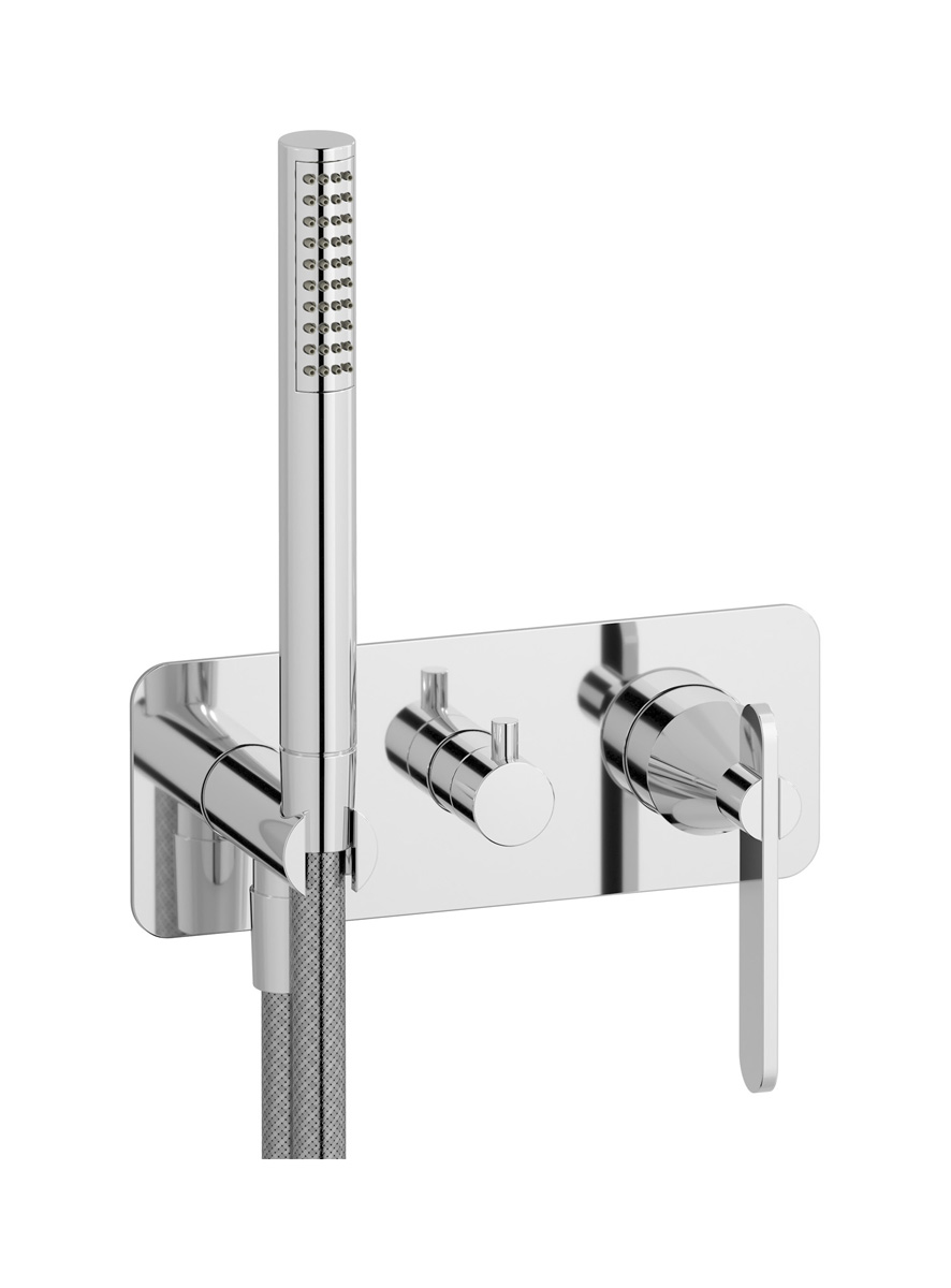 Внешние части встроенного в стену смесителя на 2 потребителя в комплекте с душевым гарнитуром. WE ARE IB ol313on Chrome Soho