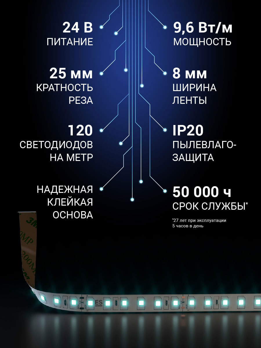 93403667 Светодиоднaя лентa a052961 120 диод/9.6 Вт/м 24 В 8 мм IP20 5 м нейтральный белый свет STLM-0545630 ELEKTROSTANDARD