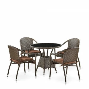 Мебель из ротанга, круглый стол и стулья с подлокотниками, коричневые на 4 персоны AFINA  00-3860475 Коричневый