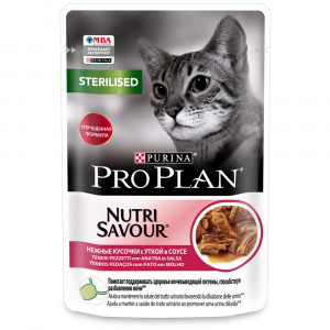 ПР0037492 Корм для кошек NutriSavour для стерилизованных и кастрированных, с уткой в соусе, пауч 85 г Pro Plan