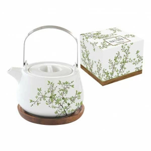 Чайник фарфоровый белый с сиреневым на подставке из дерева в подарочной упаковке "Натура" EASY LIFE НАТУРА 00-3946802 Белый;фиолетовый