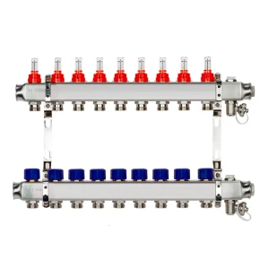 Коллектор Ридан на 9 выходов 1"x3/4" с расходомерами и кронштейнами нержавеющая сталь