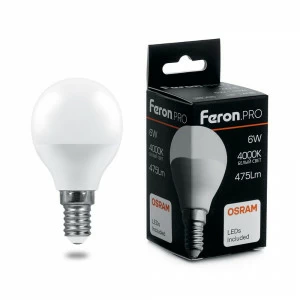 Лампа светодиодная Feron.PRO "Шарик" E14 9W 6400K OSRAM LED LB-1409 38079 FERON  00-3956755 Матовый