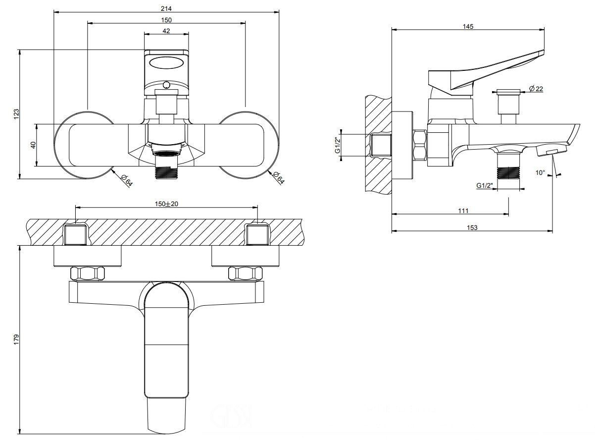 Смеситель для ванны с 2 отверстиями из латуни с переключателем Gessi рельеф ARCH-00151021 - Вид №2