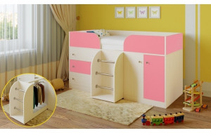 1,17E+06 Детская кровать-чердак Астра-5, дуб молочный/розовый РВ-мебель