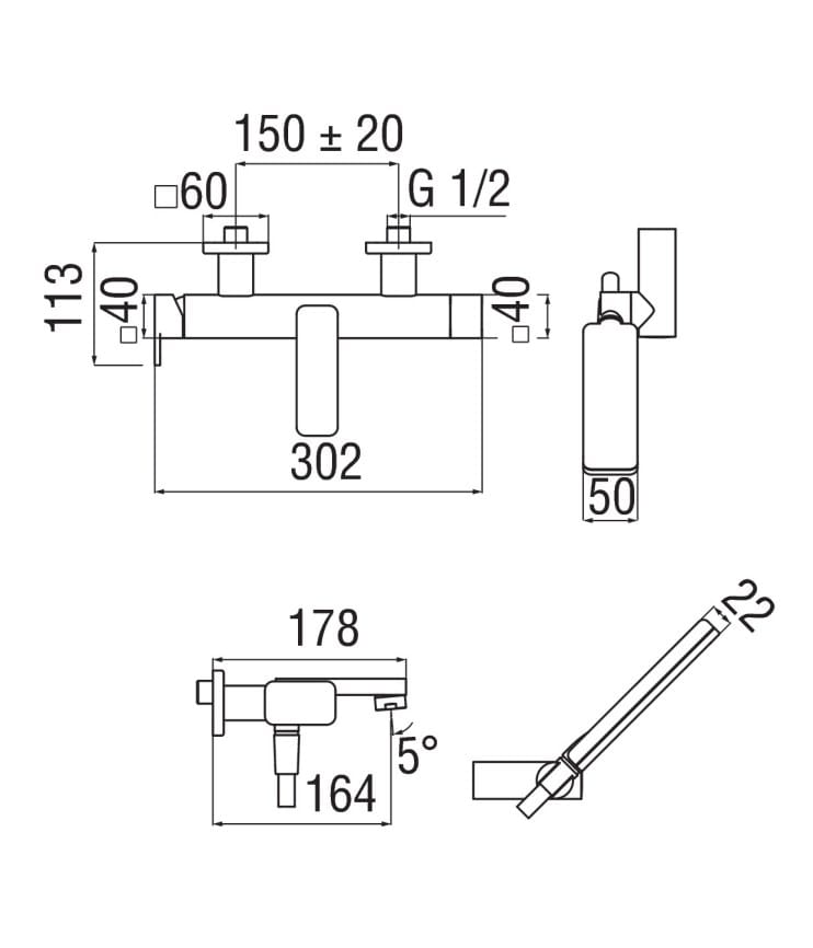 Настенный смеситель для ванны с ручным душем Nobili петля ARCH-00111815 - Вид №2