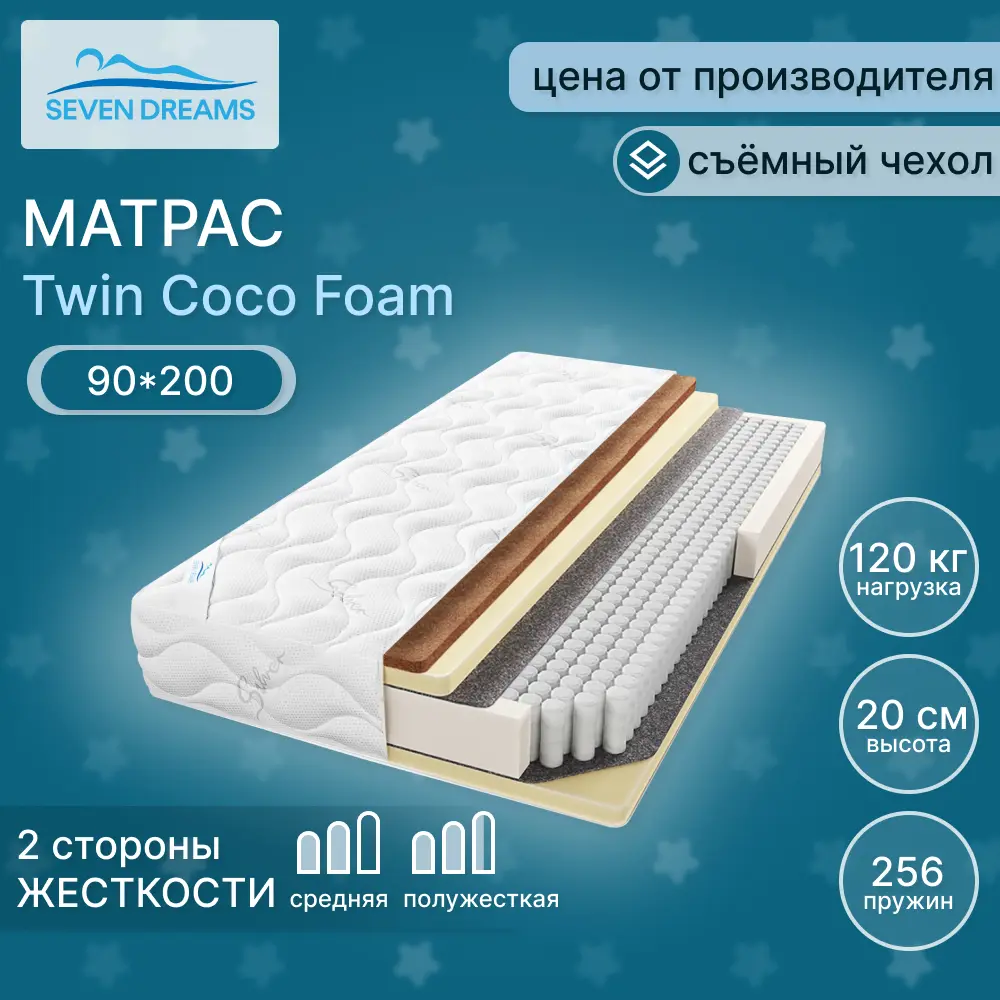 Матрас Seven Dreams Twin Coco Foam 90x200x20 см независимый пружинный блок, односпальный