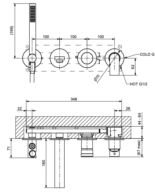 Настенный встраиваемый смеситель для ванны с ручным душем Bugnatese Simple ARCH-00110329 - Вид №2