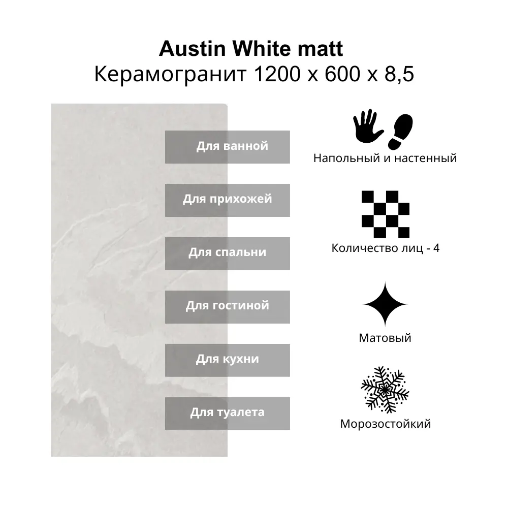 Керамогранит Kerald Austin white Austin White matt 60x120см 1.44 м² цвет серый, цена за упаковку