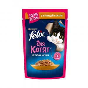 ПР0042530 Корм для котят Аппетитные кусочки курица в желе, пауч 85 г FELIX