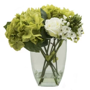 Композиция из искусственных цветов в вазе РОЗЫ И ГОРТЕНЗИИ UNICO  255441 Зеленый;белый;желтый