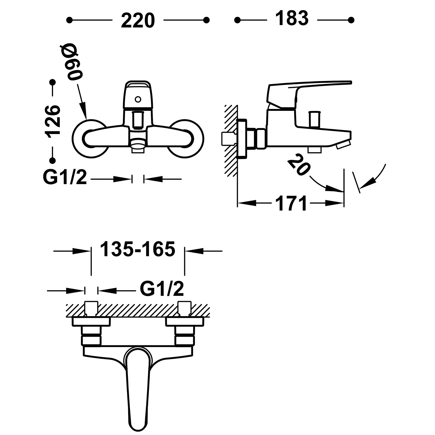 ПЛОСКИЙ настенный смеситель с одной ручкой для ванны и душа-22017001 TRES  - Вид №1