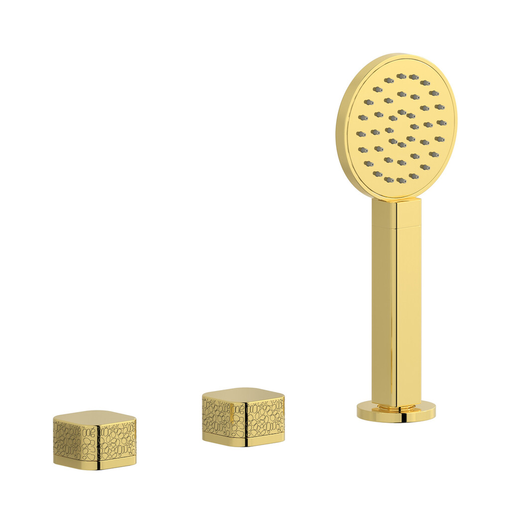 Смеситель на бортик ванной на 3 отверстия с изливом, дивертером и душевым гарнитуром. WE ARE IB eo397oo_2 Gold Elio