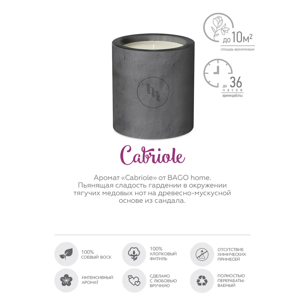 Свеча ароматизированная в гипсе Cabriole серая 7 см Bago home STLM-2023239 - Вид №2