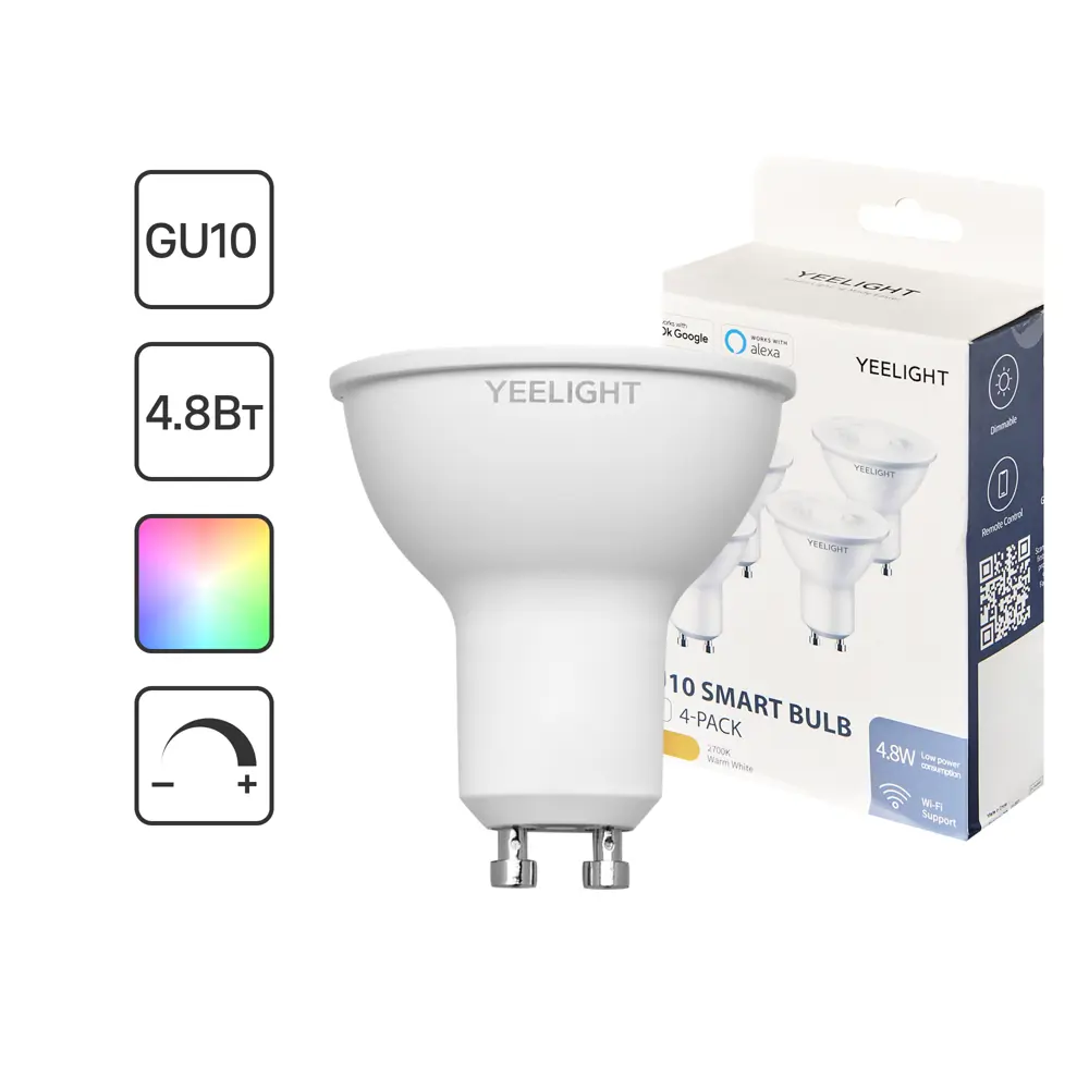 Набор умных ламп светодиодных Yeelight GU10 200-240В 5Вт спот прозрачная 350лм регулируемый цвет света RGBW для диммера 4 шт STLM-2119037