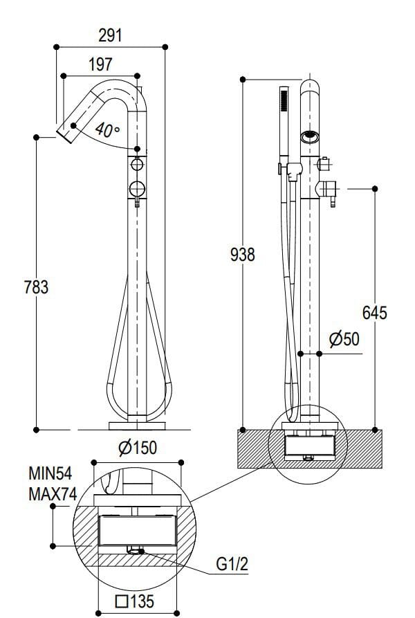 Смеситель для ванны из нержавеющей стали с ручным душем Ritmonio Diametro35 Inox ARCH-00088628 - Вид №2
